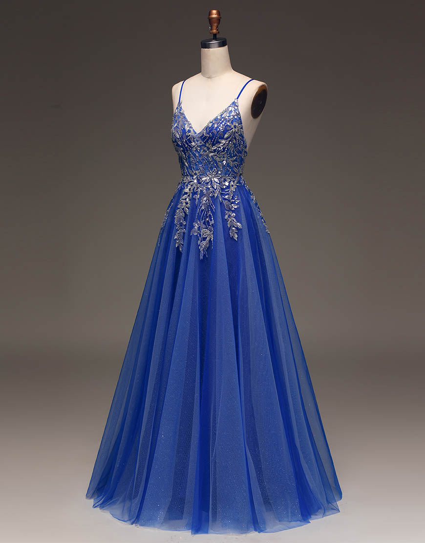 Royal Blue Spaghetti Straps Long Glitter A-Line Tulle Prom Dress