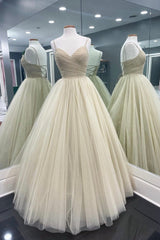 Cute Tulle Long A-Line Prom Dresses, Backless Formal Evening Dresses