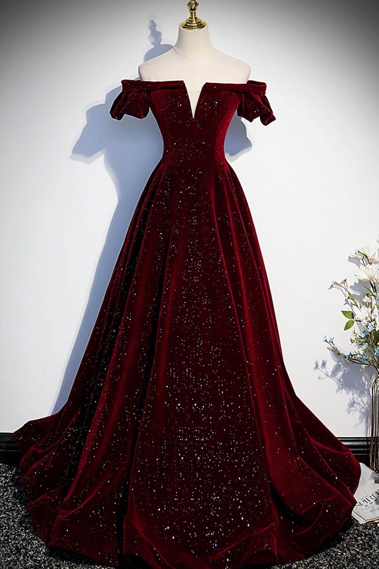 Burgundy Velvet Long Prom Dresses, Off the Shoulder Formal Evening Dresses