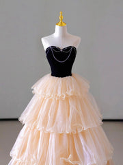Champagne Strapless Tulle Long Prom Dress, Beautiful Formal Evening Dress