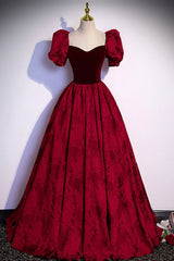 Burgundy Velvet Long A-Line Prom Dress, Short Sleeve Evening Dress