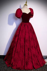 Burgundy Velvet Long A-Line Prom Dress, Short Sleeve Evening Dress