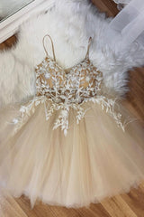 Champagne Spaghetti Lace Short Prom Dresses, A-Line Party Dresses