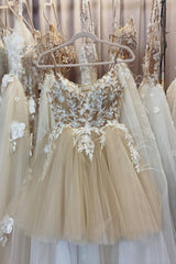 Champagne Spaghetti Lace Short Prom Dresses, A-Line Party Dresses