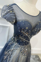 Blue Scoop Neckline Tulle Long Prom Dress, A-Line Evening Dress