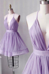 Cute V-Neck Tulle Short Prom Dresses, A-Line Mini Party Dresses