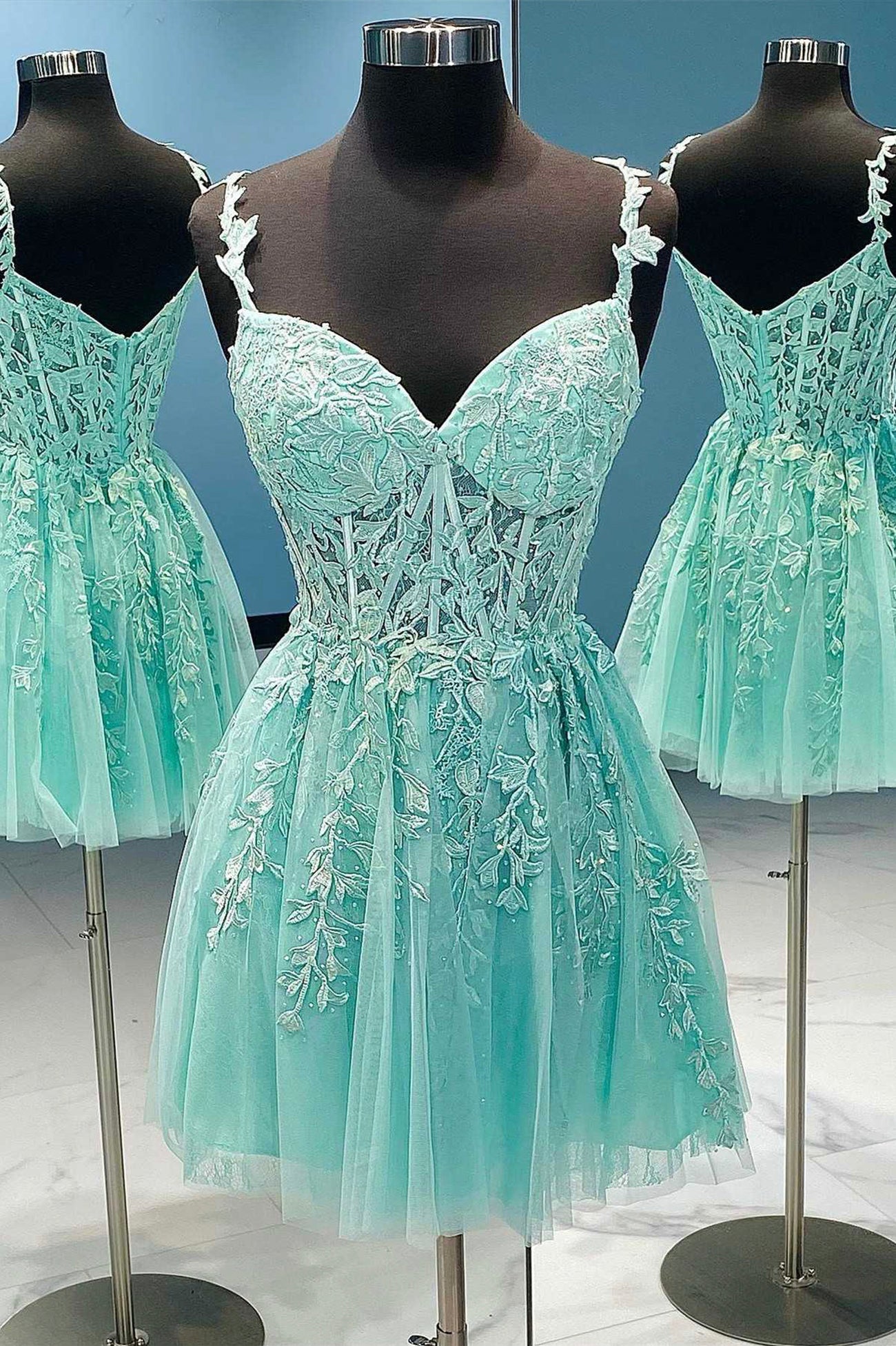 A-Line Tulle Lace Short Prom Dress, Cute Spaghetti Strap Party Dress