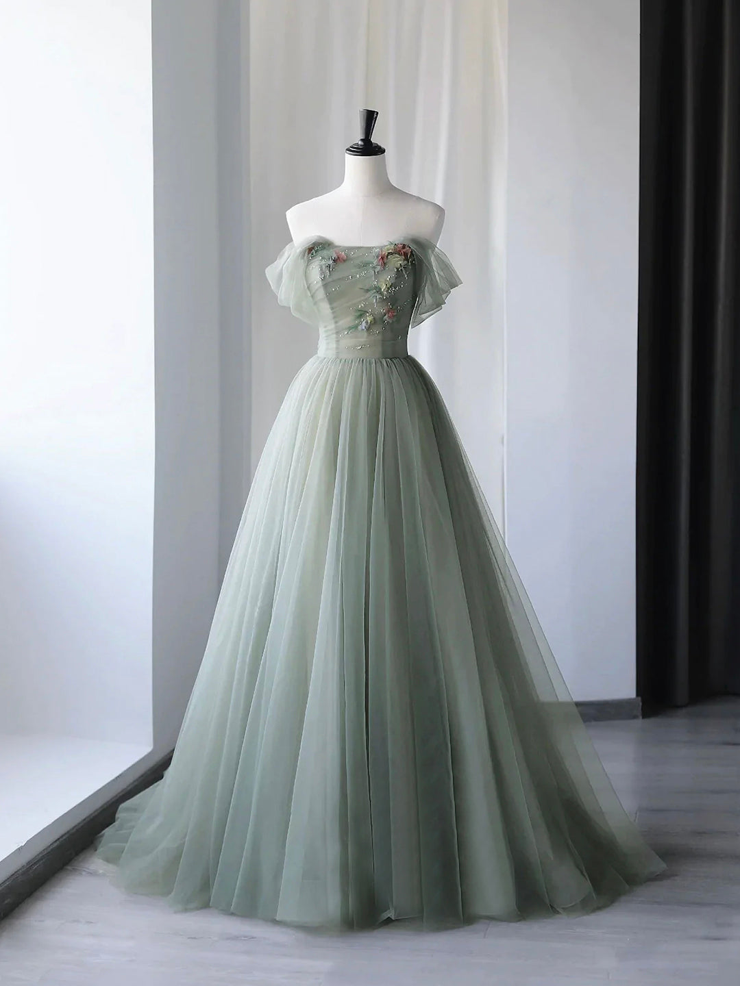 Beautiful Green Tulle Long Prom Dress, Off Shoulder Evening Dress