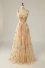 Champagne Lovely Tulle Lace Long Prom Dress, Champagne Evening Dress