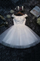 Cute Lace Short A-Line Prom Dresses, Off the Shoulder Party Dresses
