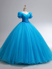 Beautiful Blue Rhinestone Floor Length Prom Dress, A-Line Short Sleeve Evening Dress