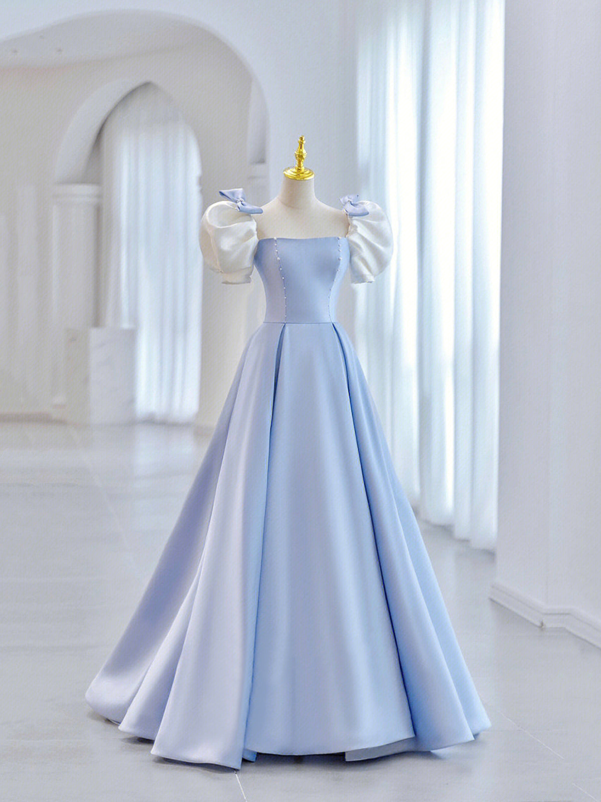 Blue Short Sleeve Saitn Formal Evening Dress, Cute A-Line Junior Prom Dress