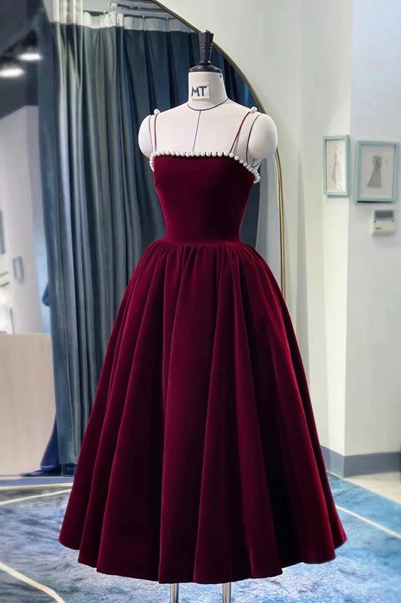 Burgundy Velvet Short Prom Dress, A-Line Party Dress with Pearls