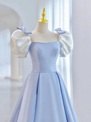 Blue Short Sleeve Saitn Formal Evening Dress, Cute A-Line Junior Prom Dress