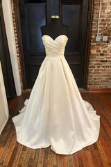 White Satin Long Prom Dress, A-Line Sweetheart Neck Evening Dress