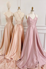 Simple V-Neck Satin Long Prom Dress, A-Line Backless Evening Dress