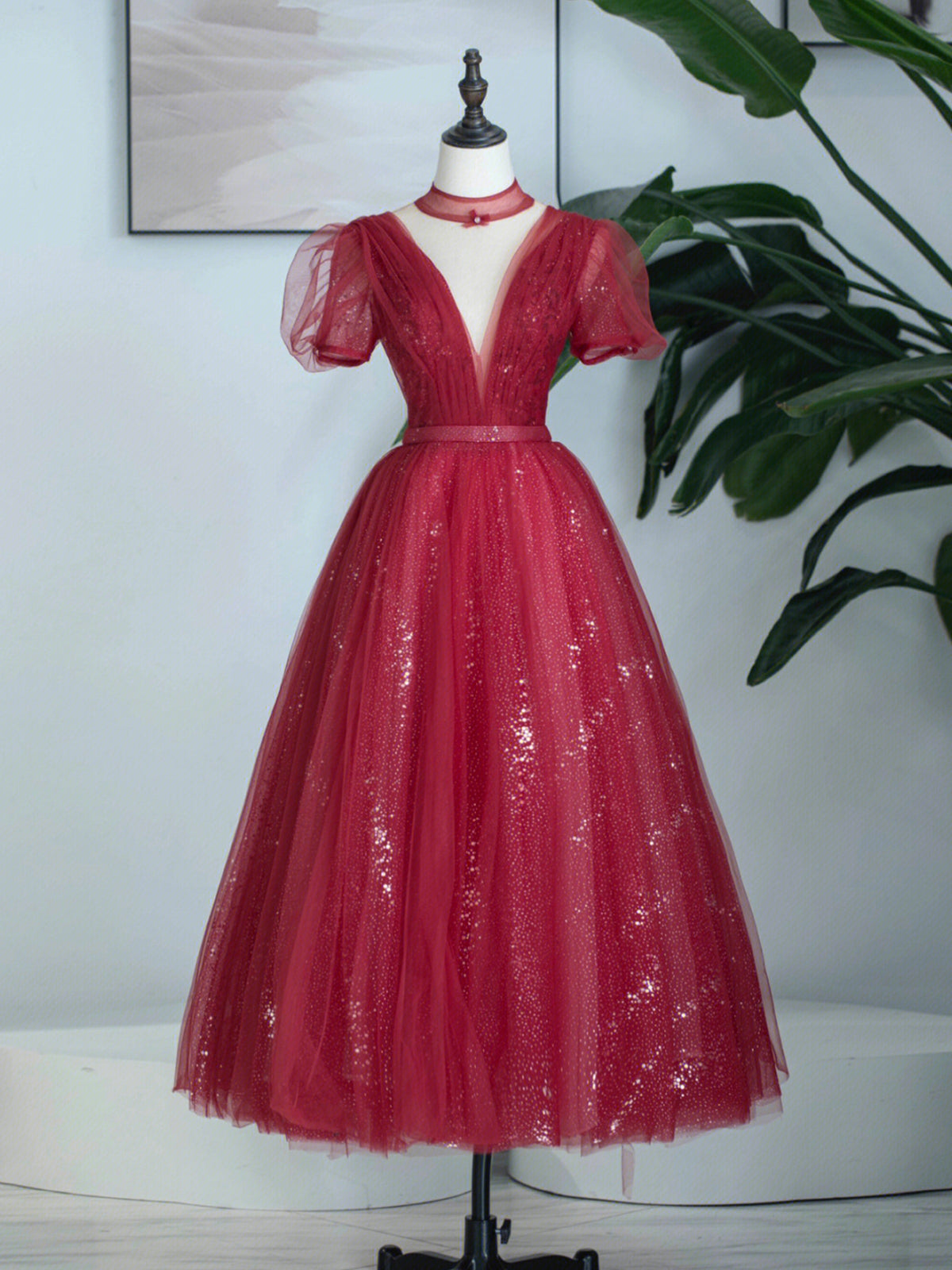 Burgundy Tulle Sequins Tea Length Prom Dress, A-Line Evening Party Dress