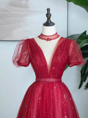 Burgundy Tulle Sequins Tea Length Prom Dress, A-Line Evening Party Dress