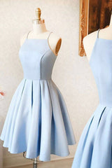 Blue Satin Short Prom Dresses, A-Line Evening Dresses