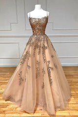 A-Line Spaghetti Straps Lace Long Prom Dress, Lace Evening Dress