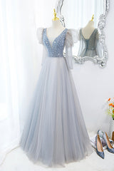 Cute V-Neck Tulle Beaded Long Prom Dress, Gray A-Line Evening Party Dress