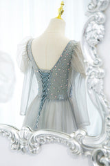 Cute V-Neck Tulle Beaded Long Prom Dress, Gray A-Line Evening Party Dress