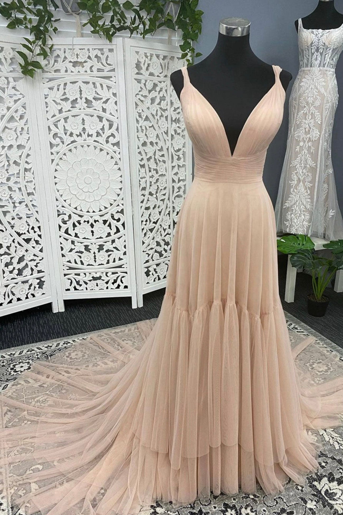 A-Line Tulle Long Prom Dresses, V-Neck Evening Dresses