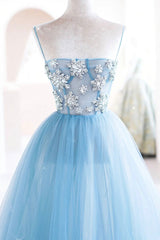 Blue Spaghetti Strap Tulle Beading Long A-Line Prom Dresses