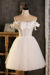 A-Line Tulle Short Prom Dress, Cute Champagne Off the Shoulder Party Dresses