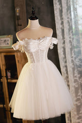 A-Line Tulle Short Prom Dress, Cute Champagne Off the Shoulder Party Dresses