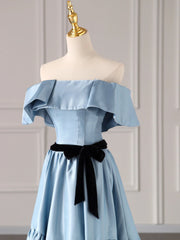 Blue Satin Long Formal Dress, Blue Strapless A-Line Prom Dress