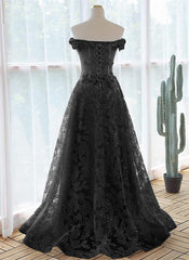 A-Line Off Shoulder Black Tulle With Lace Party Dress, Black Long Prom Dress