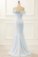 Sequin Blue Mermaid Prom Dress with Feathers