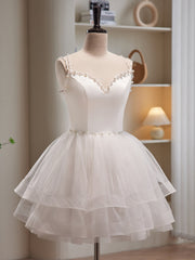 White Spaghetti Strap Tulle Short Prom Dress, Cute A-Line Party Dress