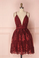 Burgundy V-Neck Lace Short Backless Prom Dress, Cute Lace Party Dress