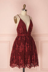 Burgundy V-Neck Lace Short Backless Prom Dress, Cute Lace Party Dress