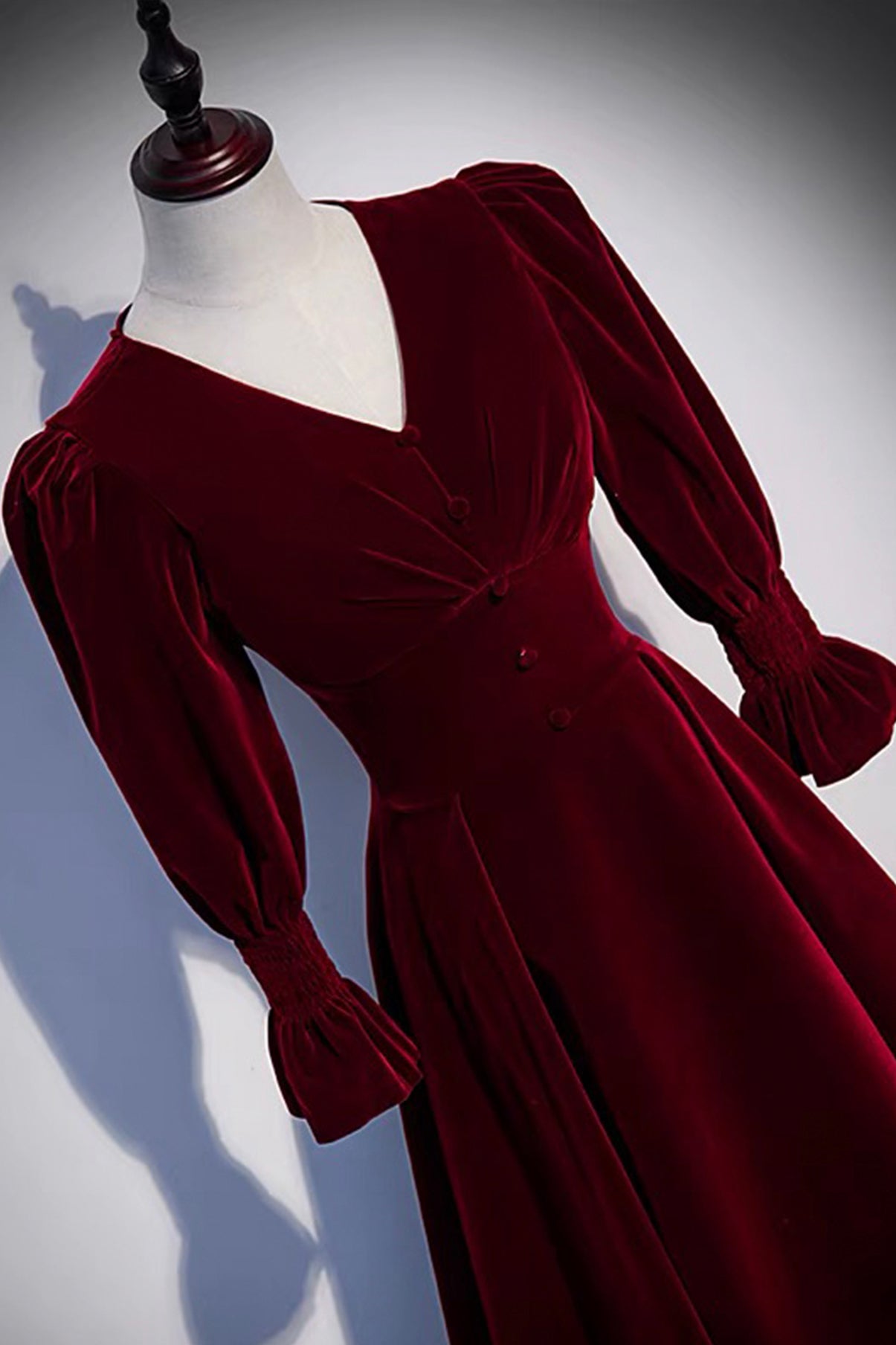 Burgundy Velvet Long Prom Dresses, A-Line Long Sleeve Evening Dresses