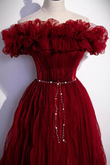 Burgundy Tulle Long Prom Dresses, A-Line Off the Shoulder Evening Party Dresses
