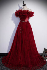 Burgundy Tulle Long Prom Dresses, A-Line Off the Shoulder Evening Party Dresses