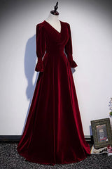Burgundy Velvet Long Prom Dresses, A-Line Long Sleeve Evening Dresses