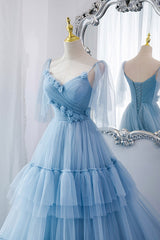 A-Line Tulle Long Prom Dresses, V-Neck Spaghetti Strap Long Princess Dresses