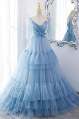 A-Line Tulle Long Prom Dresses, V-Neck Spaghetti Strap Long Princess Dresses
