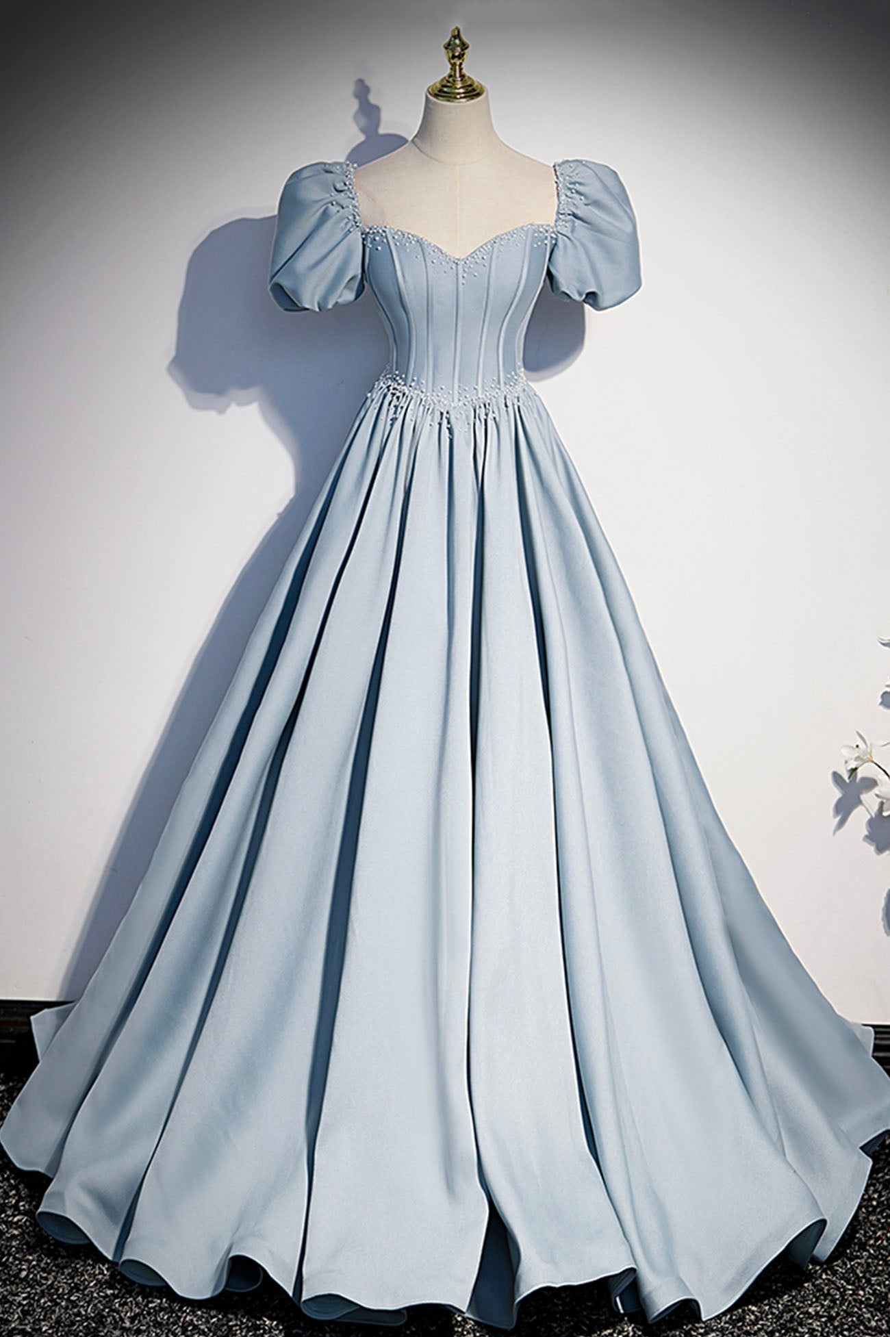 Blue Satin Pearl Long Prom Dress, Blue A-Line Short Sleeve Evening Dress