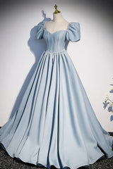 Blue Satin Pearl Long Prom Dress, Blue A-Line Short Sleeve Evening Dress