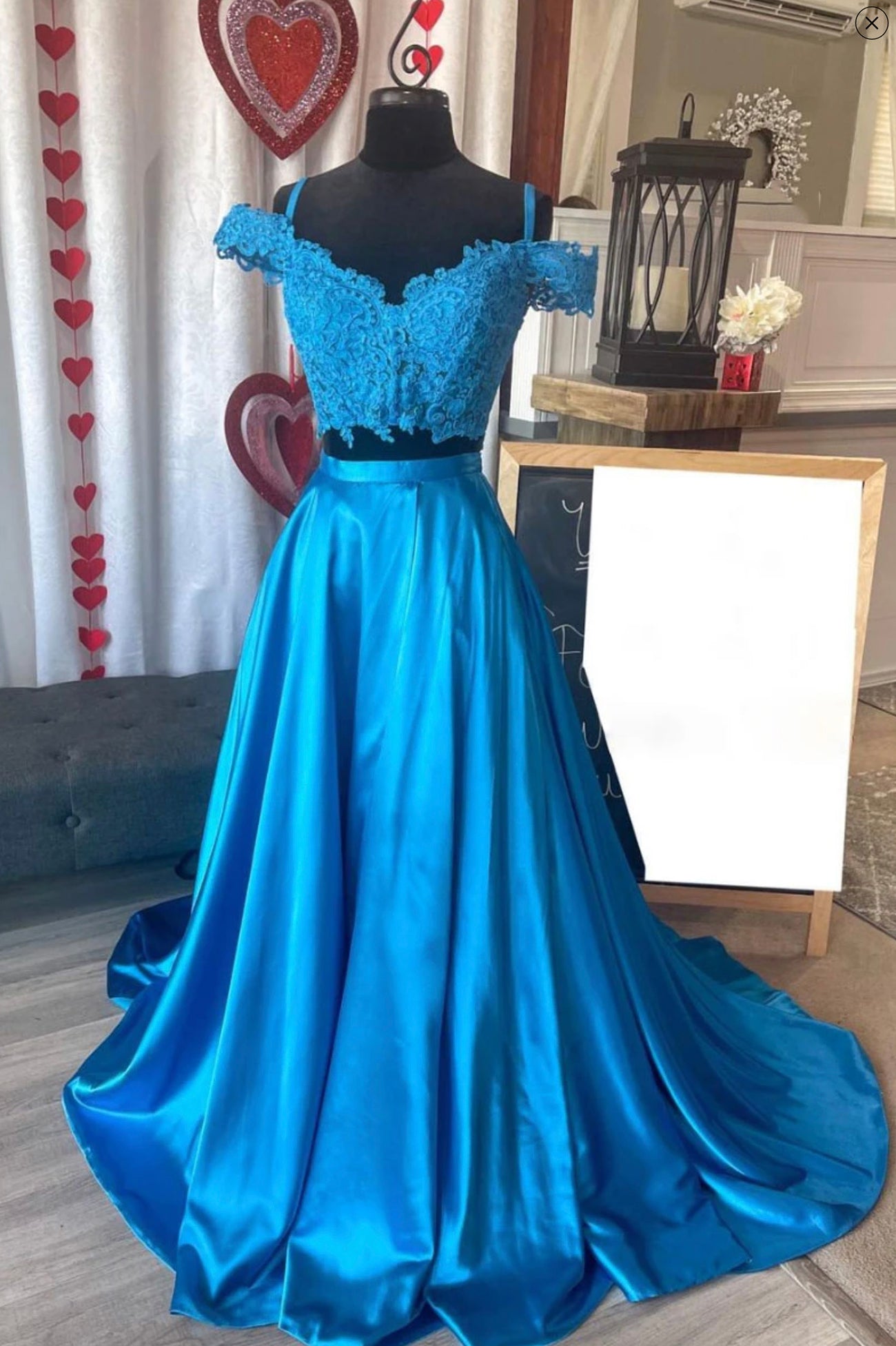Blue Satin Off the Shoulder Long Prom Dresses, Two Pieces Evening Dresses