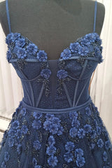 Blue Spaghetti Strap Tulle Appliqu¨¦d Long A-Line Prom Dress