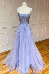 Stylish Tulle Pearl Long Prom Dresses,  A-Line Backless Evening Party Dresses