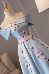 Blue Satin Off the Shoulder Prom Dresses, A-Line Homecoming Dresses