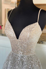A-Line Tulle Sequins Long Prom Dresses, Spaghetti Straps V-Neck Evening Dresses