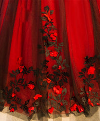 Burgundy Round Neck Tulle Lace Applique Long Prom Dress, Burgundy Evening Dress